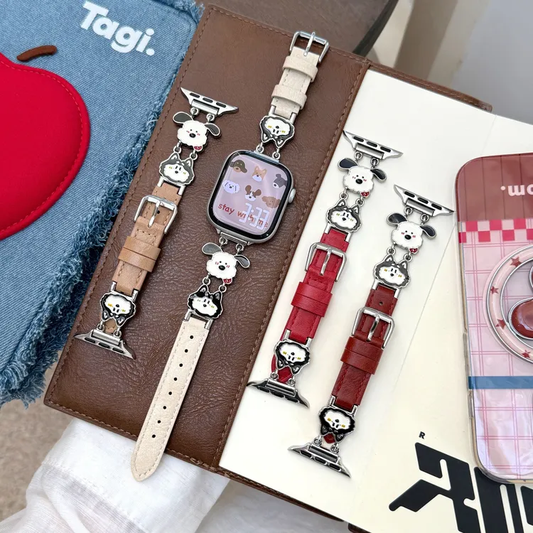 适用苹果S11华为GT6小米10/9/8可爱小狗头iWatch拼皮质fit4手表带