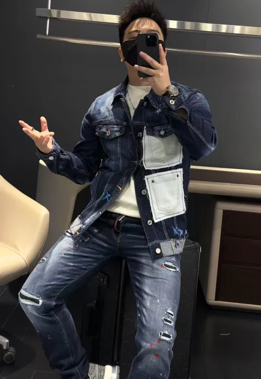 【马哥严选】秋季新款潮男牛仔外套时尚泼墨油漆口袋装饰修身夹克男