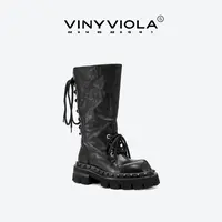 VINYVIOLA秋冬新品S线系列前后错落绑带中筒靴