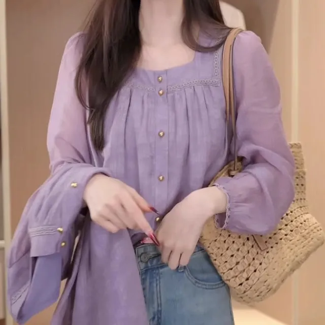 法式方领多巴胺上衣洋气长袖衬衫女2025春季新款气质设计感衬衣薄