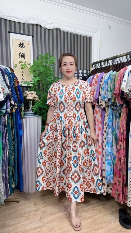 夏季新款棉绸圆领中长款100-230斤显瘦时尚连衣裙