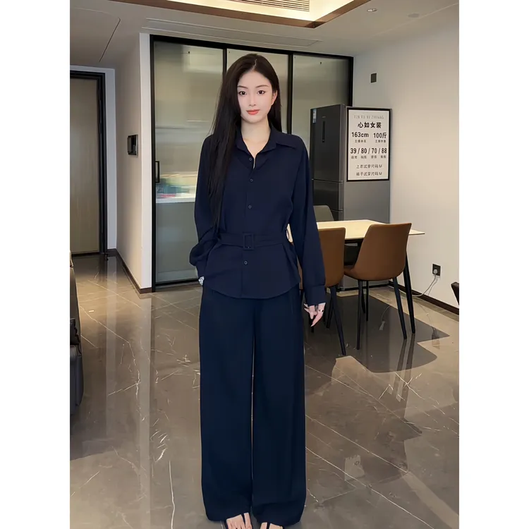 【XINRU心如】2025秋季新款时尚套装女收腰显瘦长袖衬衫宽松阔腿裤休闲两件套