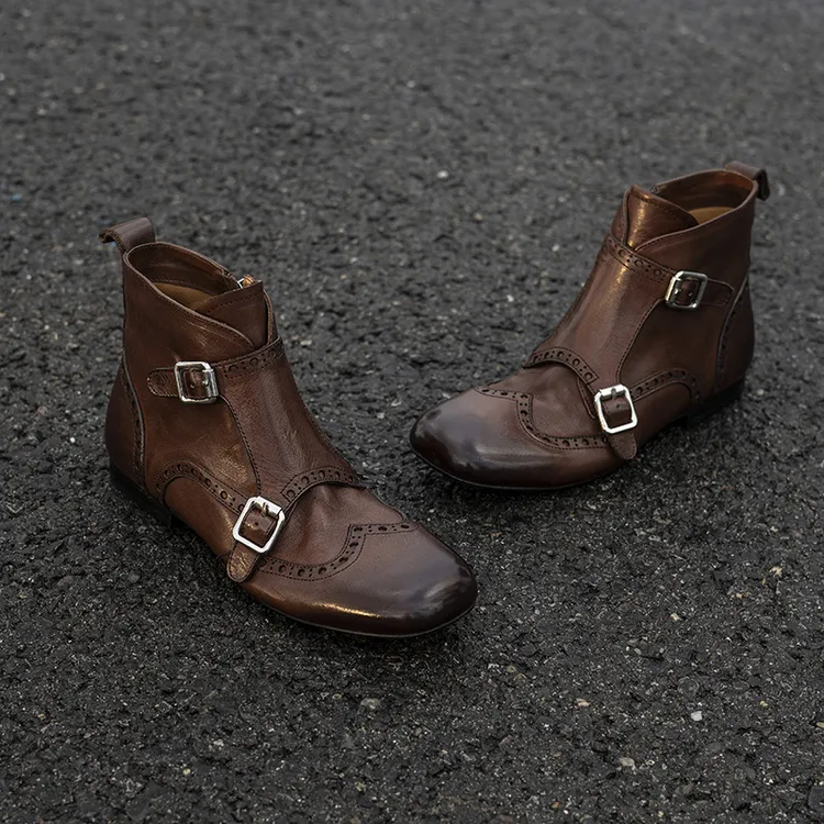 头层牛皮/手工擦色复古真皮短靴英伦风布洛克雕花平底高帮短筒靴