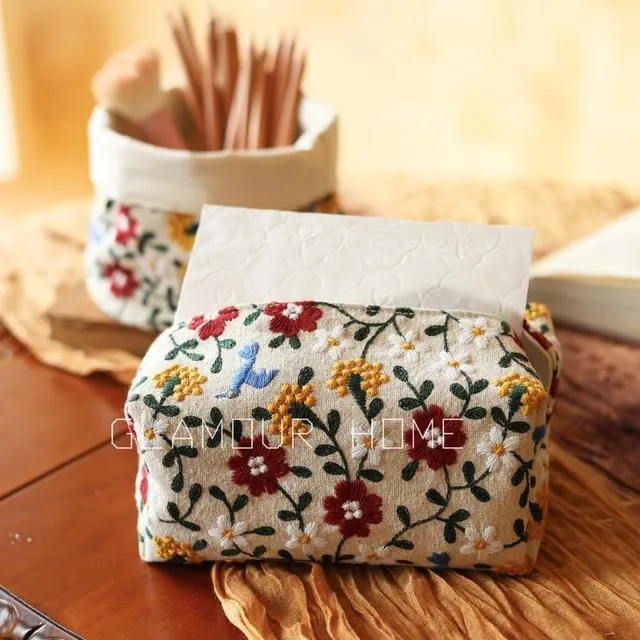 重工刺绣客厅纸巾盒布艺车载纸巾袋餐巾纸套高级感桌面抽纸盒棉麻