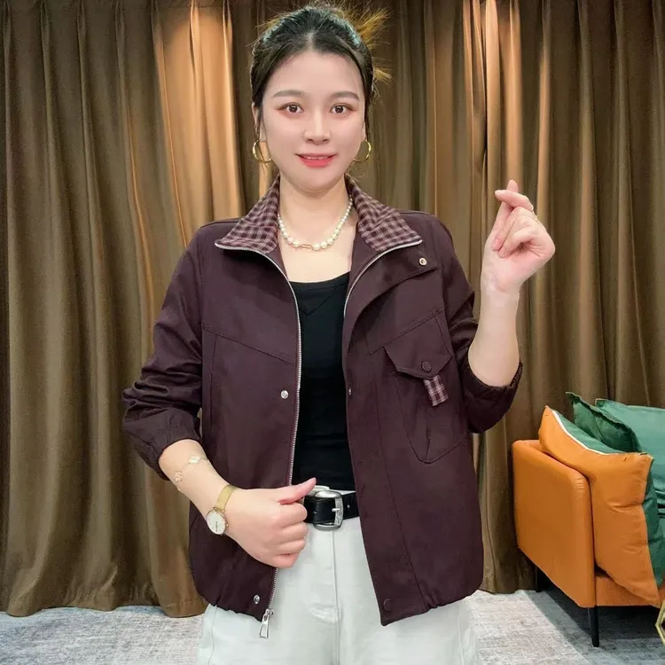 2025秋季新款时尚洋气休闲短外套韩版显瘦女士翻领格子拼接夹克衫