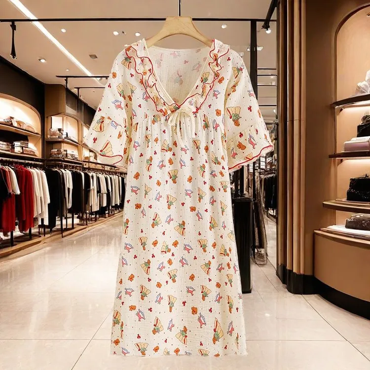睡裙双层棉纱中长裙家居服不起球薄款连衣裙碎花睡裙夏季女大码