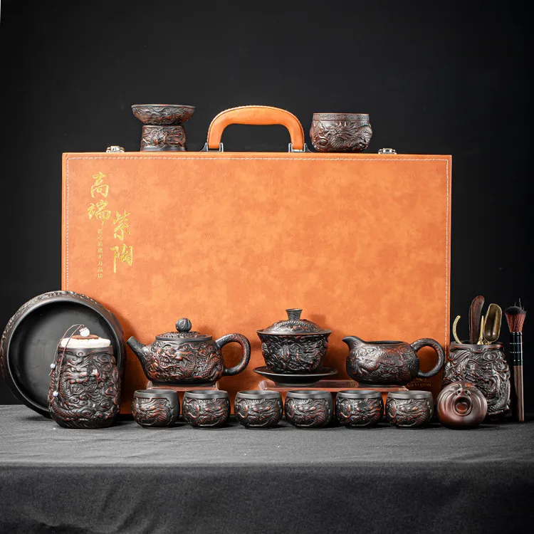 高端紫陶浮雕龙中式复古高档茶具套装泡茶壶茶杯家用公司送礼品