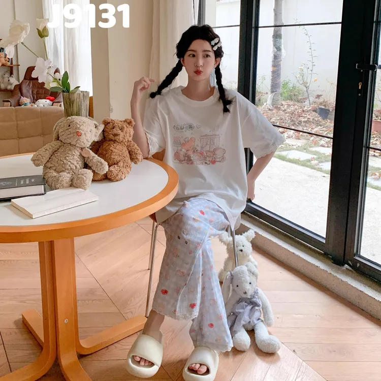 夏季家居服2025新款薄款短袖长裤甜美小熊花边卡通少女睡衣套装女
