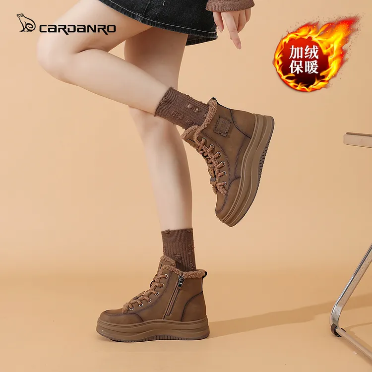 Cardanro/卡丹路圆头可爱风女高帮加绒鞋厚底保暖百搭秋冬运动