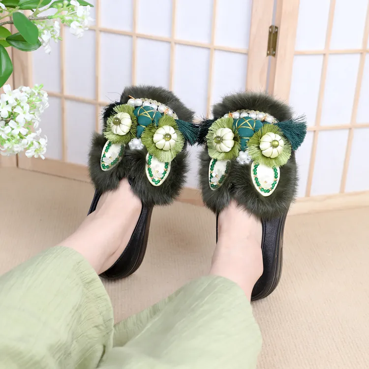 厚底【墨玉生烟】手工虎头鞋正宗老北京布鞋中式汉服平底女单鞋墨绿