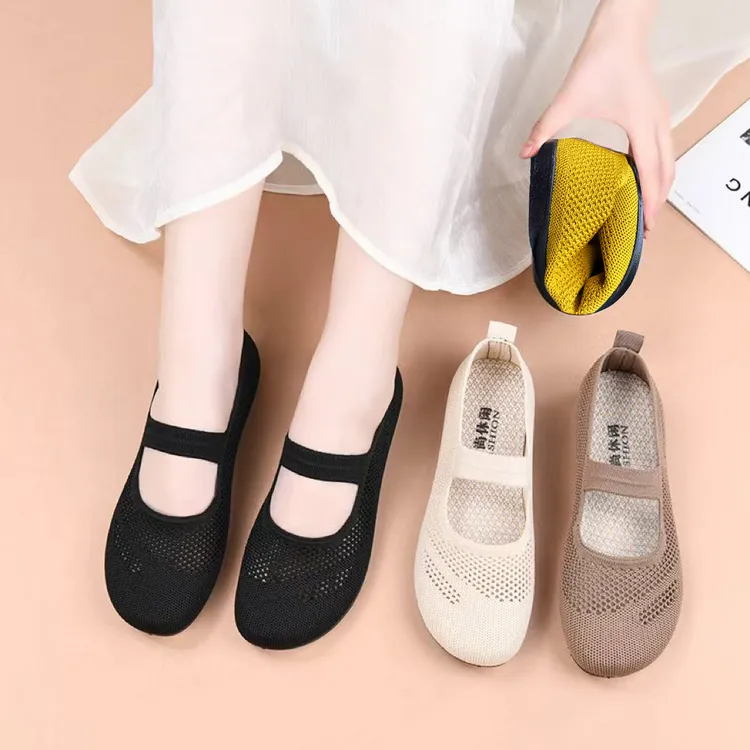 2025夏季新款老北京布鞋飞织透气镂空女鞋一脚蹬妈妈鞋低帮舒适鞋