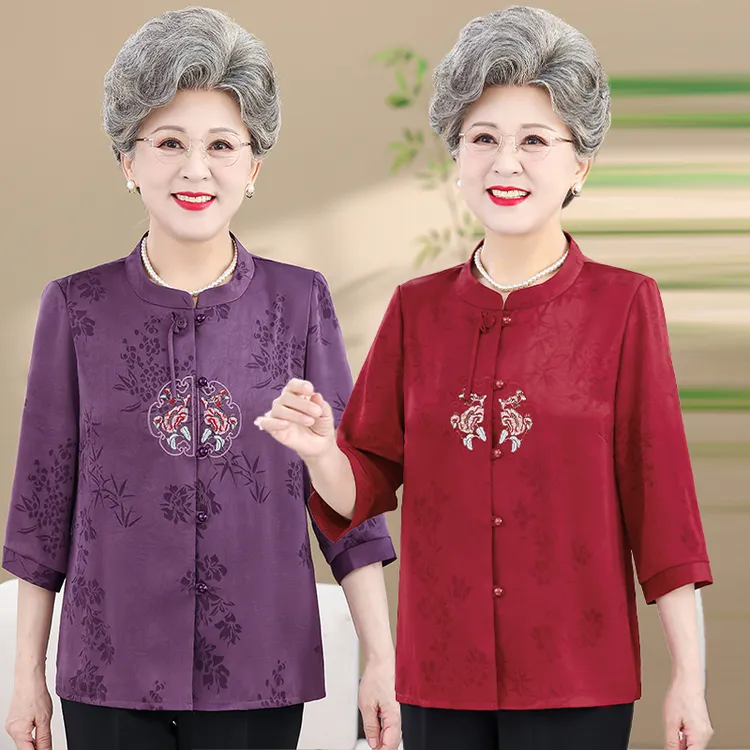 妈妈款夏装气质衬衫洋气薄款圆领透气刺绣国风款老年人妈妈装中年