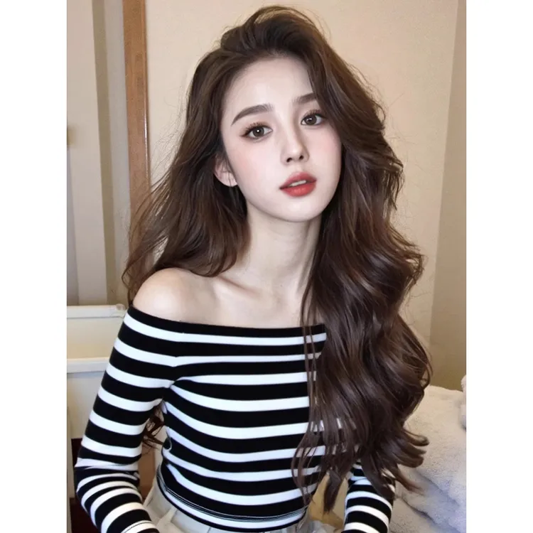 黑白撞色条纹一字肩甜辣针织长袖T恤女早秋季韩系巨好看轻熟上衣