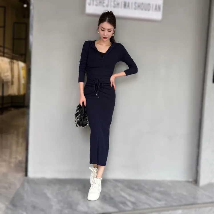 【俊英】早秋开叉长袖套装连衣裙女2025早秋新款修身包臀长裙