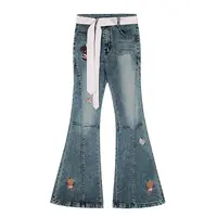 凛可爱 2025新款卡通刺绣牛仔微喇裤女高腰修身显瘦百搭拖地长裤