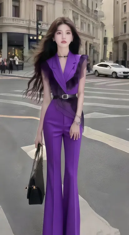 时尚新款紫色无袖V领修身收腰上衣+紫色百搭显瘦长裤女高级两件套