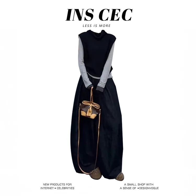 INS CEC入秋一整套酷飒女装斗篷针织马甲背心打底衫上衣阔腿裤