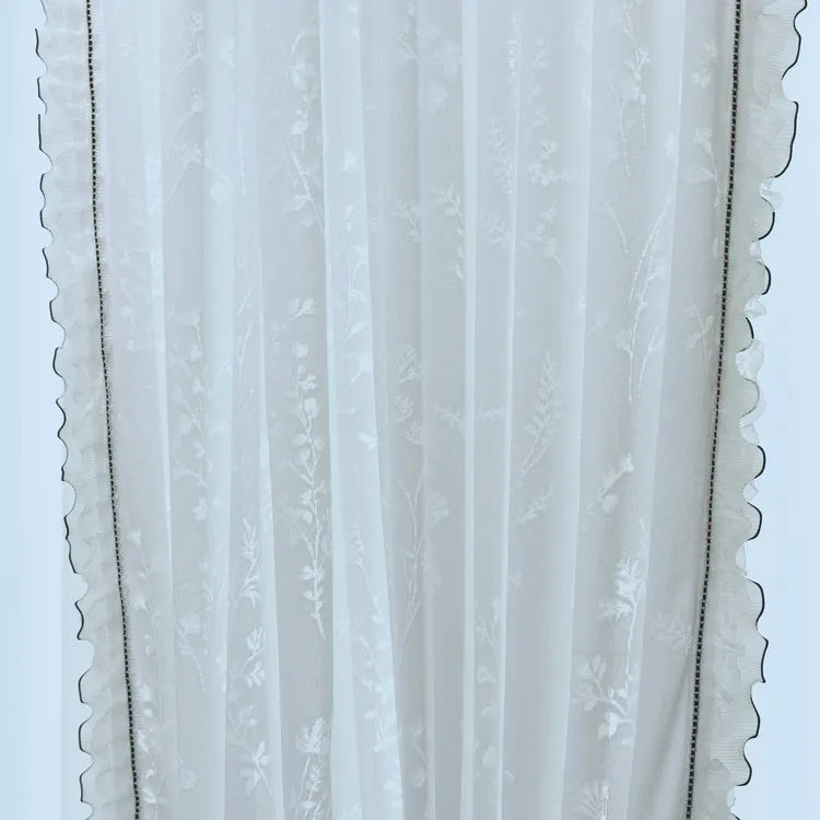 【有钱花—白色】带4条黑花边成品对开透光不透人纱帘阳台客厅纱阳台