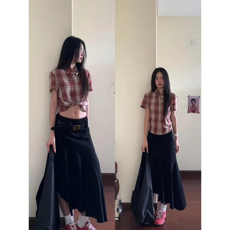 格子衬衫外套短袖初春穿搭套装女高级感不规则下摆A字高腰半身裙