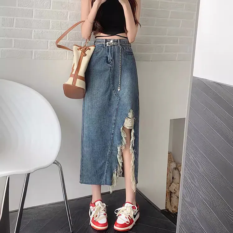 美式不规则开叉牛仔半身裙女夏季胖MM新款高腰显瘦中长款a字裙女