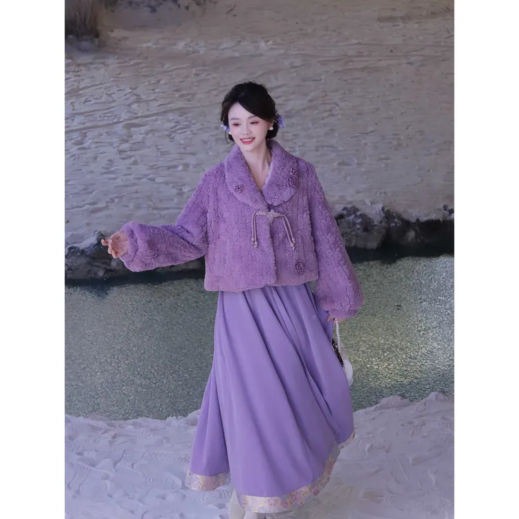 瑶西【暮紫】冬季新款紫色加厚重工立体手工花国风新中式