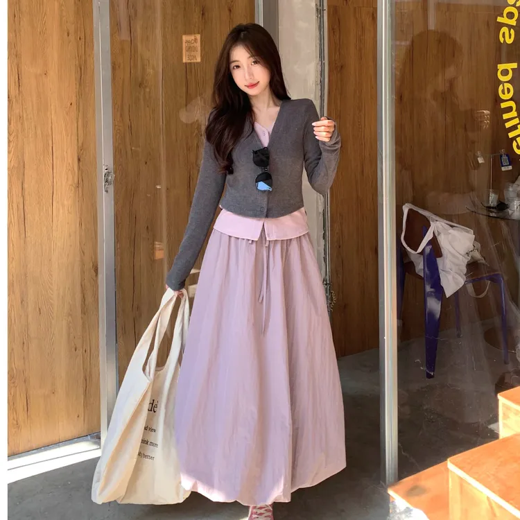 大码女装春秋甜辣假两件撞色纯欲针织衫+高腰显瘦蓬蓬花苞裙套装