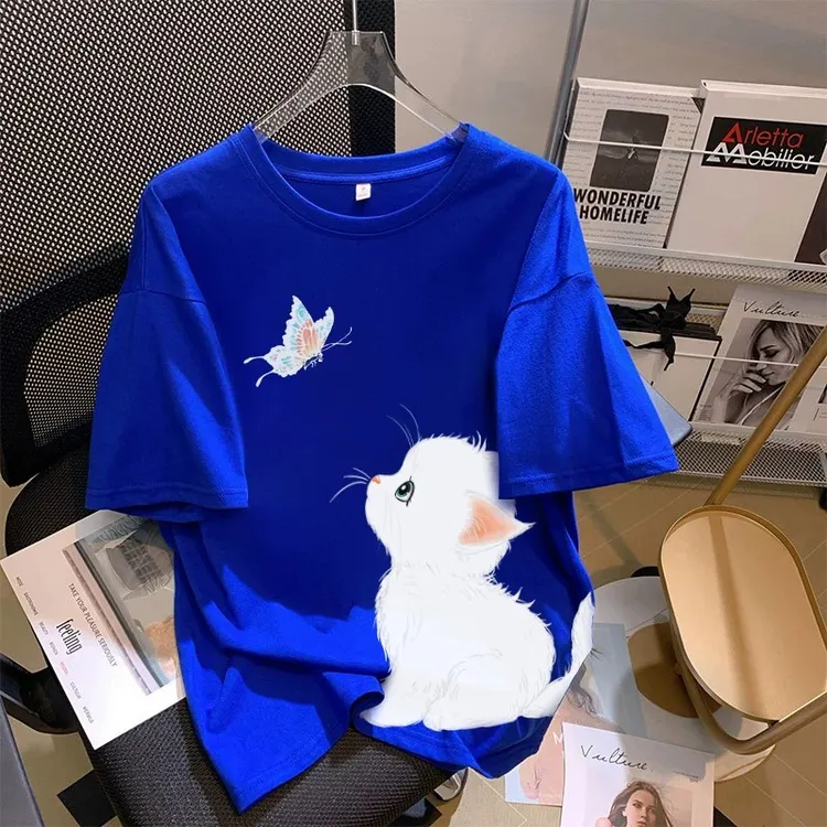 克莱因蓝纯棉短袖t恤女夏季2025新款爆款宽松洋气百搭小个子上衣