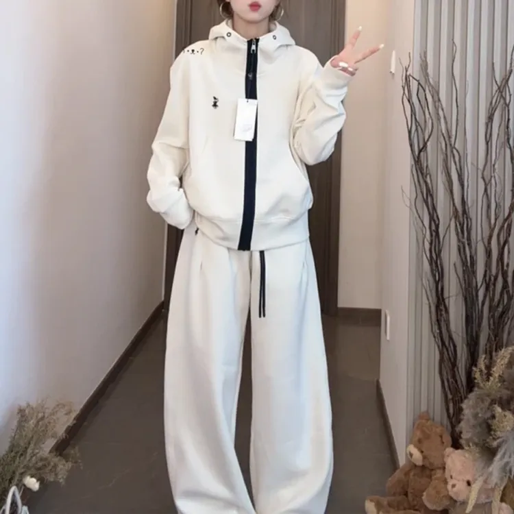 2025秋冬季新款休闲百搭时尚套装女拉链开衫连帽上衣阔腿裤两件套