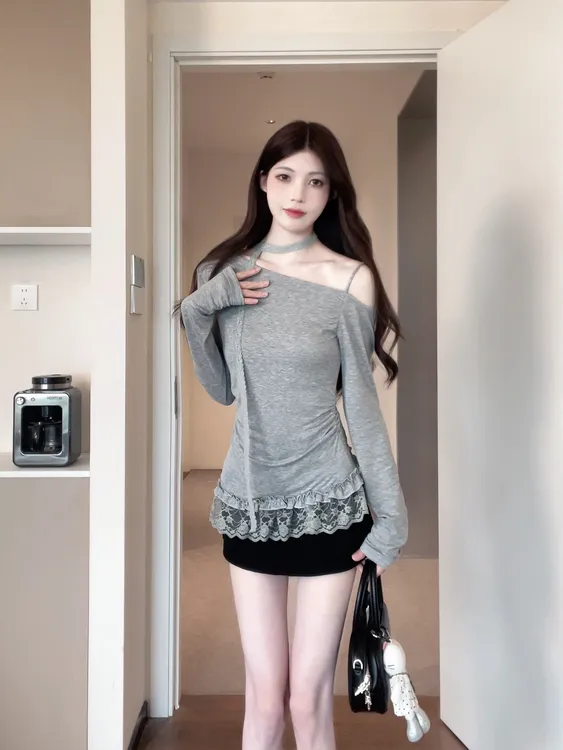 松本丧丧韩系斜领露肩长袖T恤蕾丝拼接显瘦百搭长袖上衣B253T0010