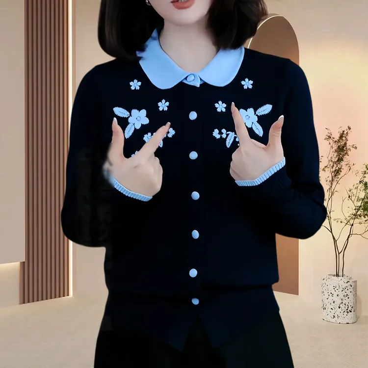 小个子时尚翻领单排扣毛衣女2025秋冬新款百搭显瘦针织衫开衫上衣