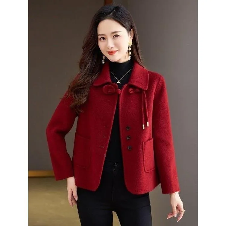 【万达撤柜】妈妈装秋冬新款双面呢大衣女短款小个子宽松气质毛呢
