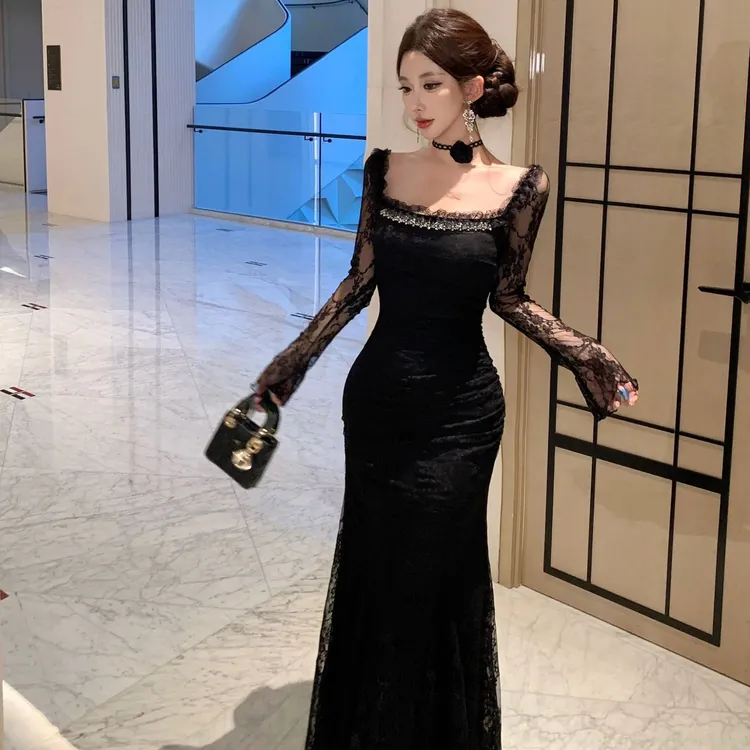 名媛性感蕾丝钩花长袖连衣裙露背设计高端轻奢收腰显瘦礼服鱼尾裙