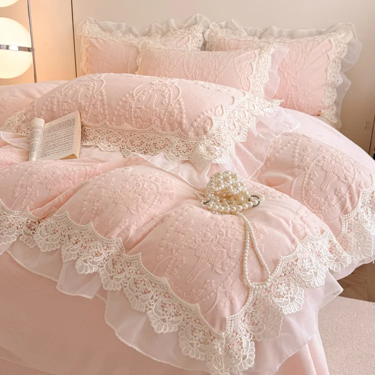 高档雕花花边款加厚牛奶绒四件套加绒保暖双面绒床单被套床上用品
