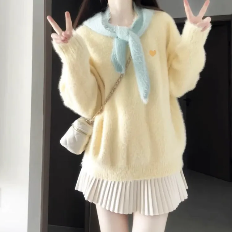 奶fufu仿水毛毛黄色毛衣坎肩两件套女秋季甜美宽松围脖针织衫上衣