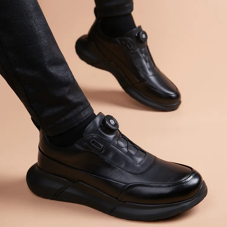 旋转纽扣休闲皮鞋男士真皮减震透气百搭系带潮鞋头层牛皮休闲鞋子