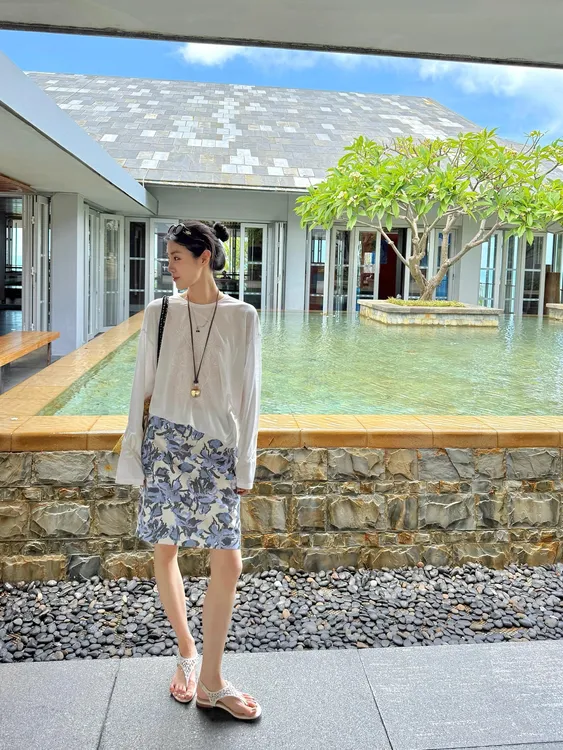 夏2025季新款韩系微透长袖t恤轻薄宽松冰丝防晒罩衫上衣百搭半裙