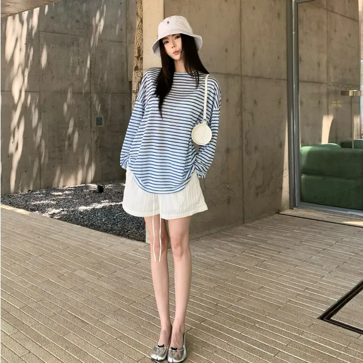 长袖条纹防晒套装拼接抗皱透气T恤内搭小众ins高质感穿搭1027#