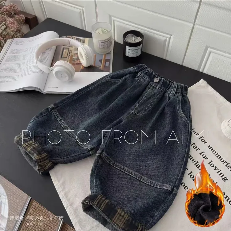 儿童加绒裤子秋冬款男童韩版一体绒牛仔裤宝宝洋气春秋裤子百搭潮