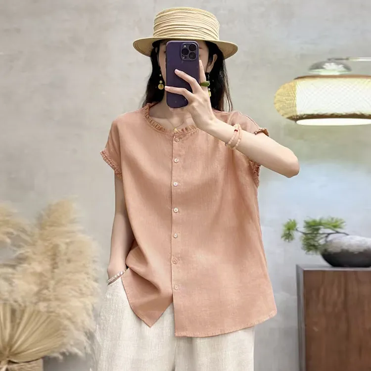 设计感休闲减龄衬衫女2026年夏季新款时尚百搭气质木耳边纯色上衣
