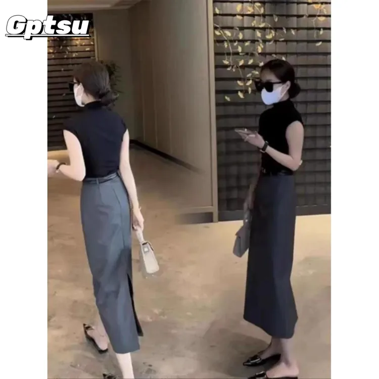 GPTSu黑色西装半身裙女高腰百搭小众气质时尚潮流风格中长裙女款