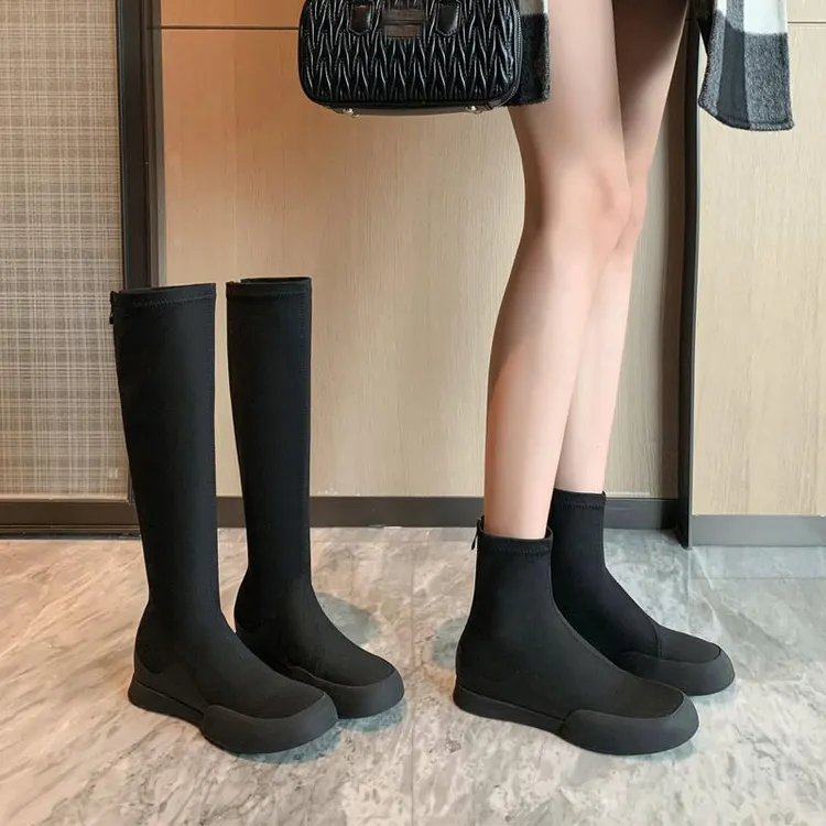 纯手工圆头内增高短筒马丁靴女休闲拼接弹力靴瘦瘦靴不过膝长靴