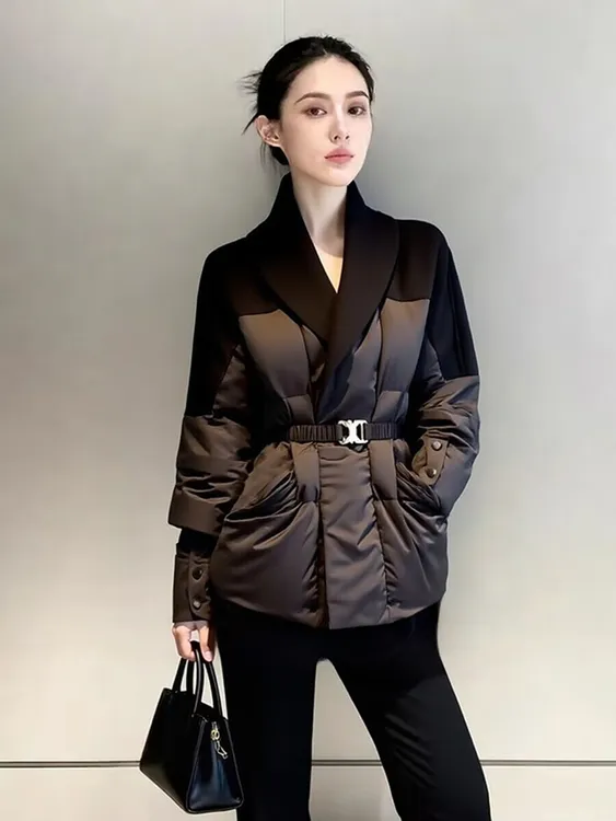 高级感黑色束带沙漏棉服女装2025冬季新款气质翻领收腰保暖外套潮