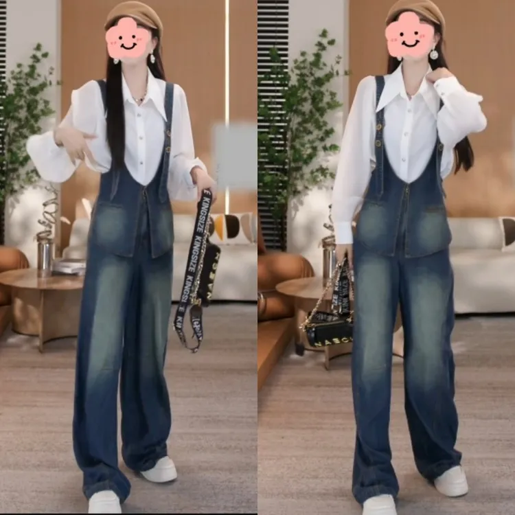 2025早秋时尚百搭细压褶透纱衬衫+帅气可调节牛仔背带裤LK2505765