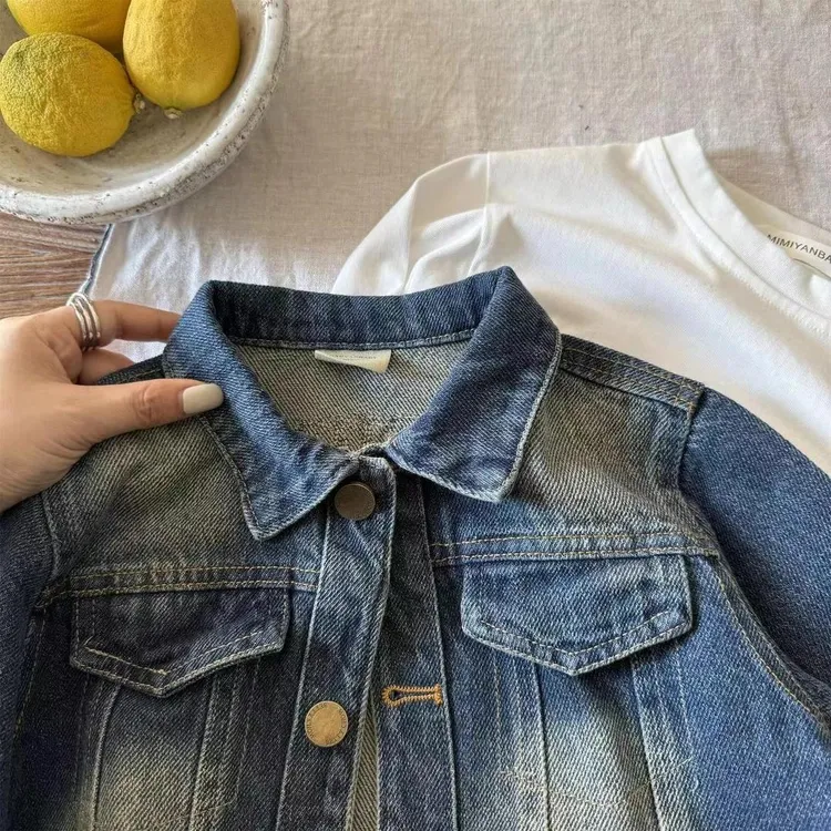 儿童牛仔韩版复古宽松春秋翻领小童百搭外套男童小女孩洋气女童