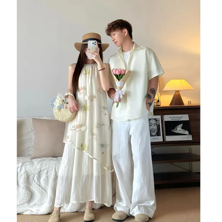 情侣装夏季新中式蝴蝶立休花朵少女风吊带女连衣裙男衬衫潮