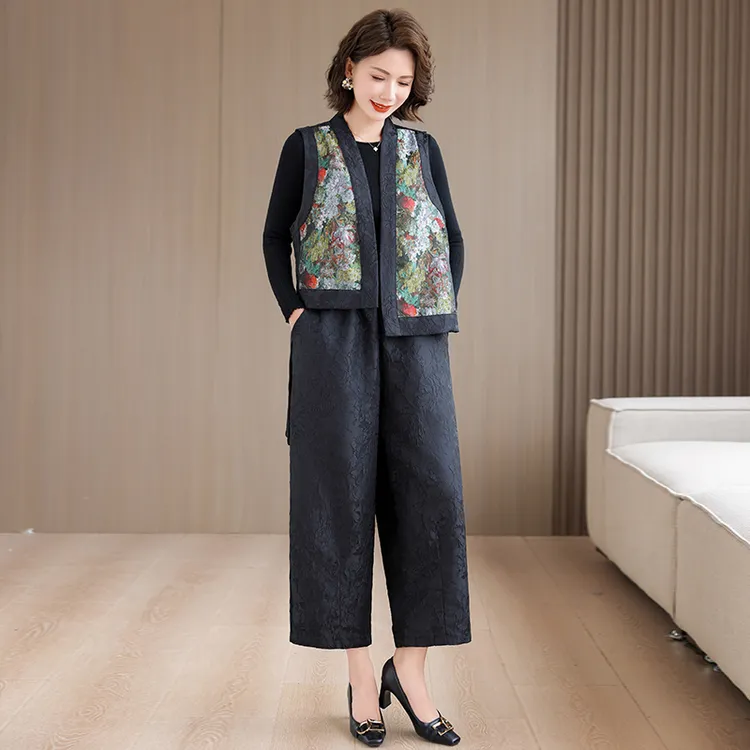 不对称文艺新中式国风提花织锦马甲裤套装女秋季新款复古背心衬衣