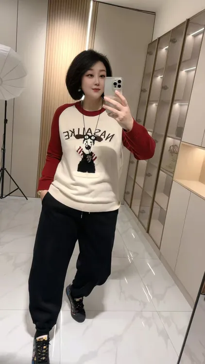 【聪姐推荐】8612新款减龄拼色卡通图案圆领针织衫（衣长69，胸围120）