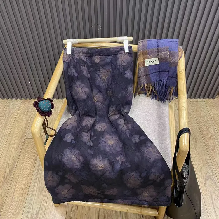 秋季复古印花纯棉夹棉半身裙后开叉保暖中长款一步裙女Q99026