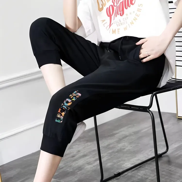 冰丝七分裤女士夏季薄款休闲运动中裤子大码宽松束脚速干7分短裤