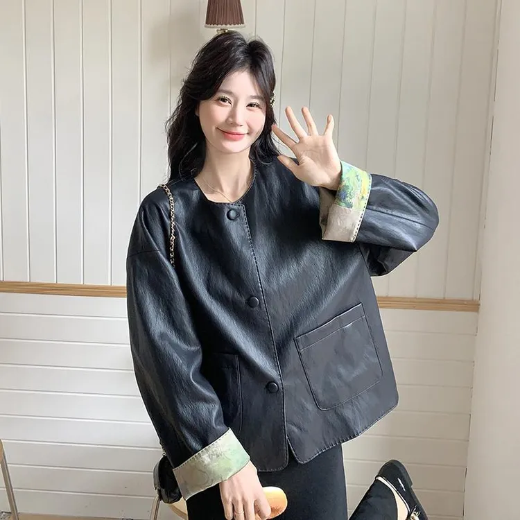 黑色PU皮两面穿短款外套2025春季新款小个子洋气百搭宽松夹克上衣